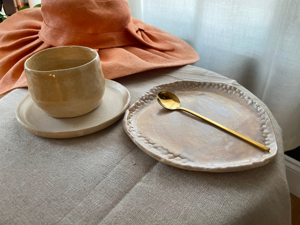 Handcrafted Ceramic Espresso Set — Cup, Dish & Textured Plate
