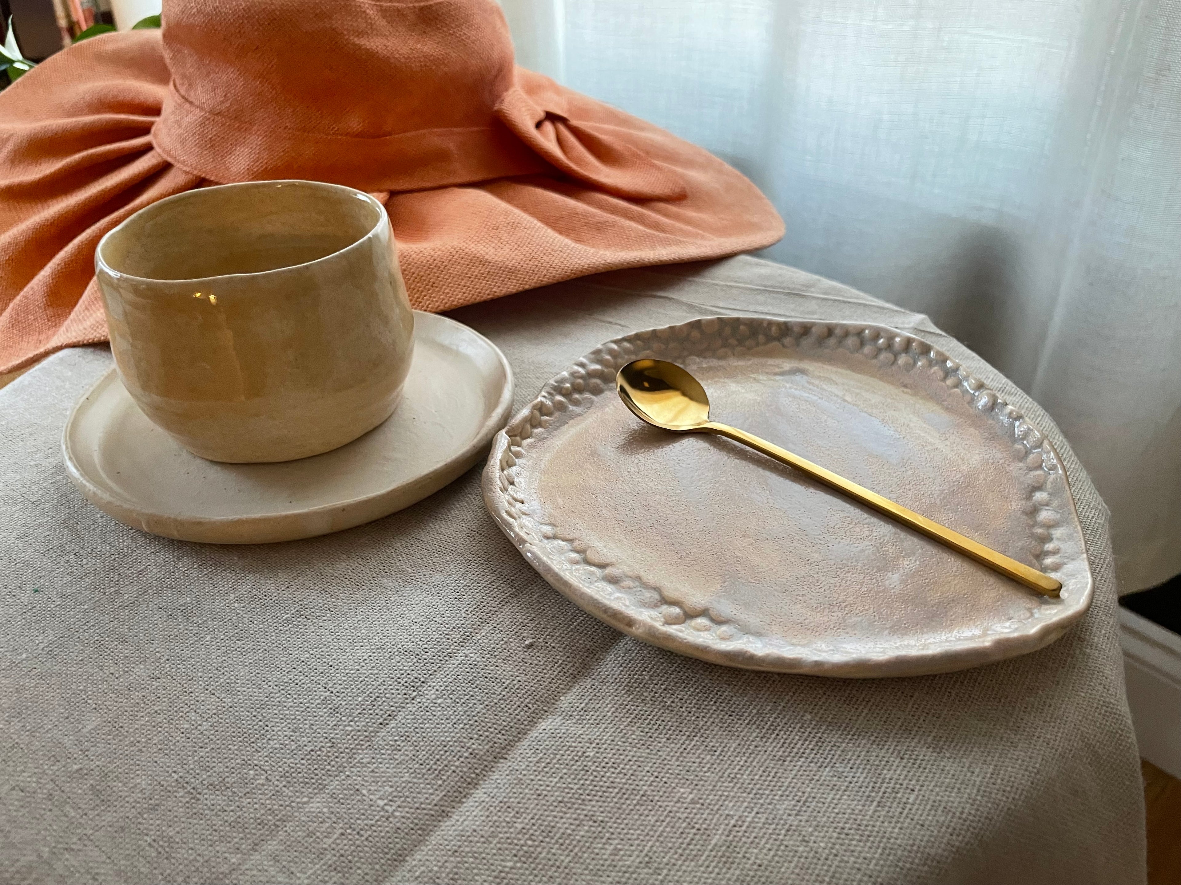 Handcrafted Ceramic Espresso Set — Cup, Dish & Textured Plate