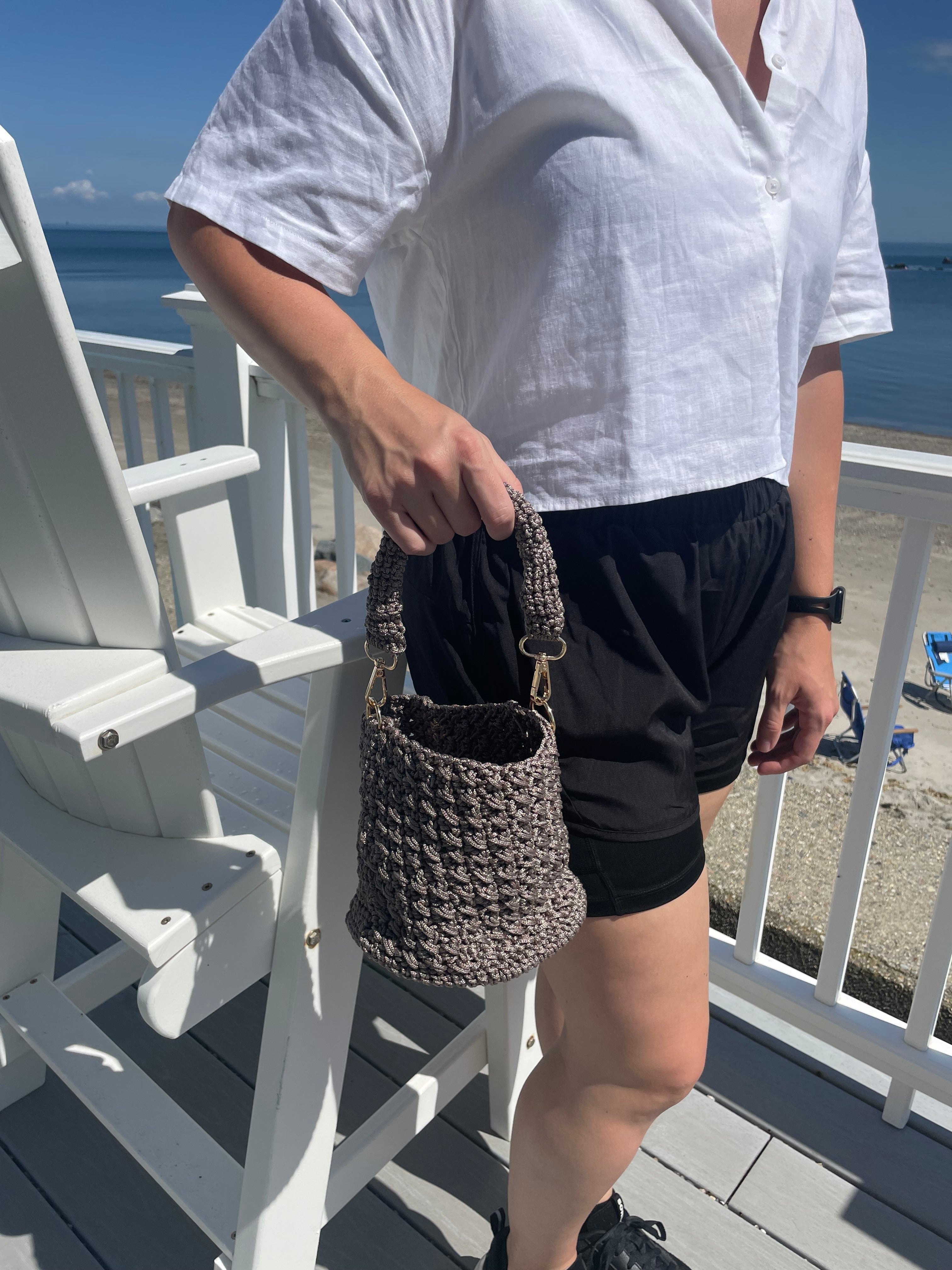 Hand-Crocheted Bucket Bag | Adjustable Strap | Gold or Silver Hardware