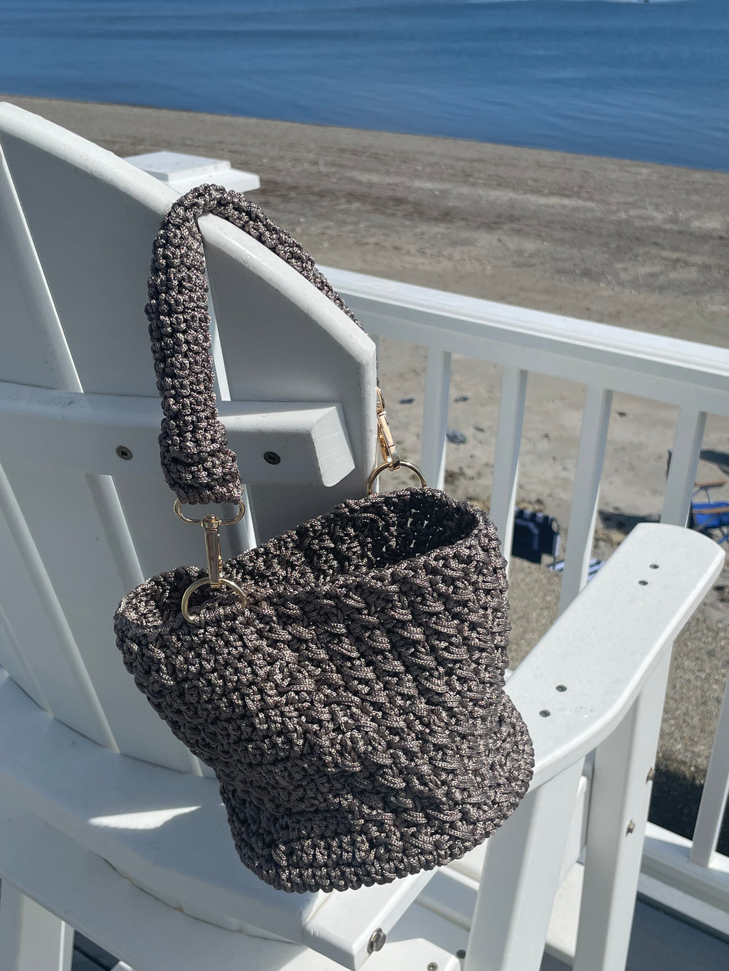 Hand-Crocheted Bucket Bag | Adjustable Strap | Gold or Silver Hardware