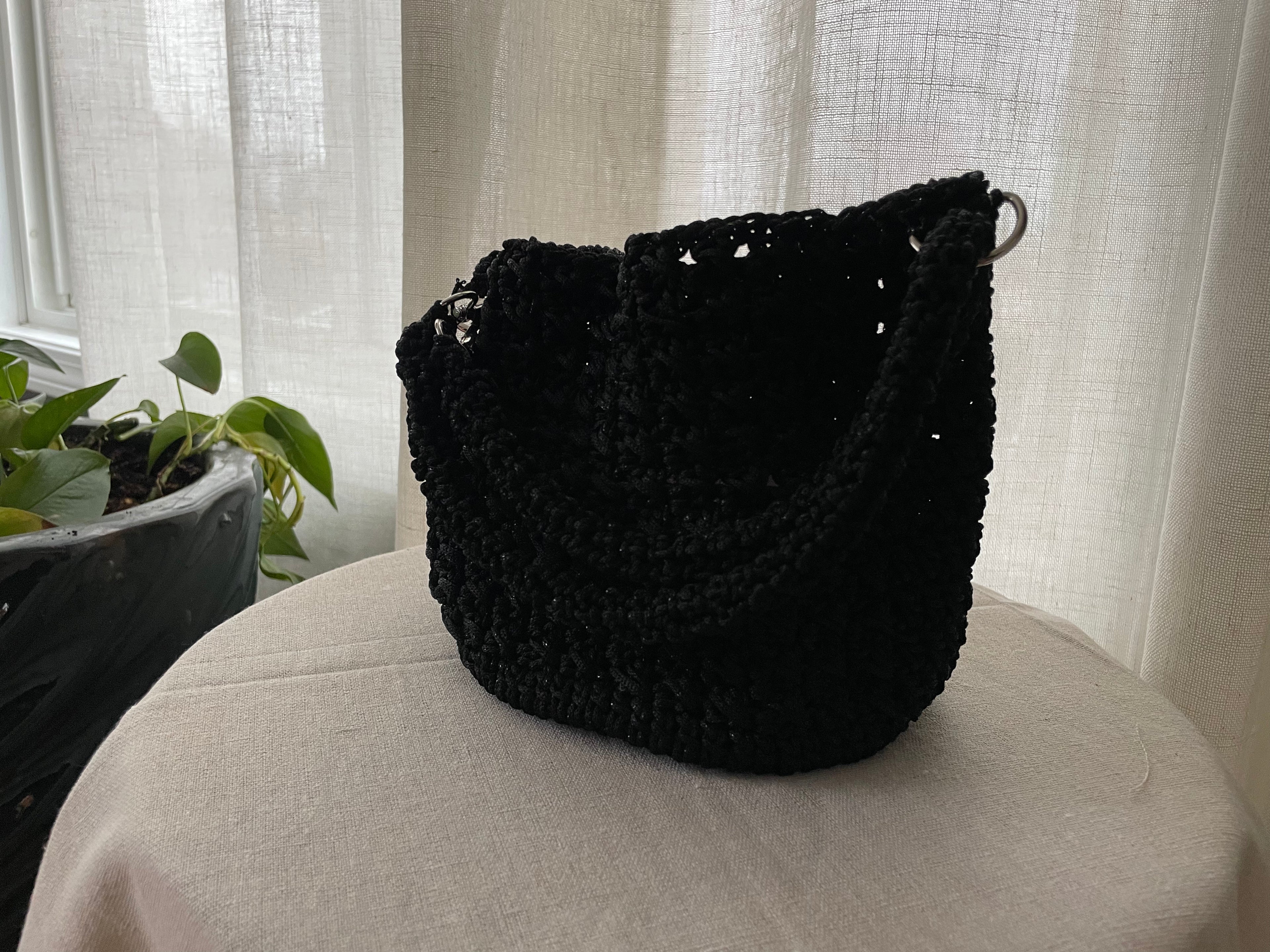 Hand-Crocheted Bucket Bag | Adjustable Strap | Gold or Silver Hardware