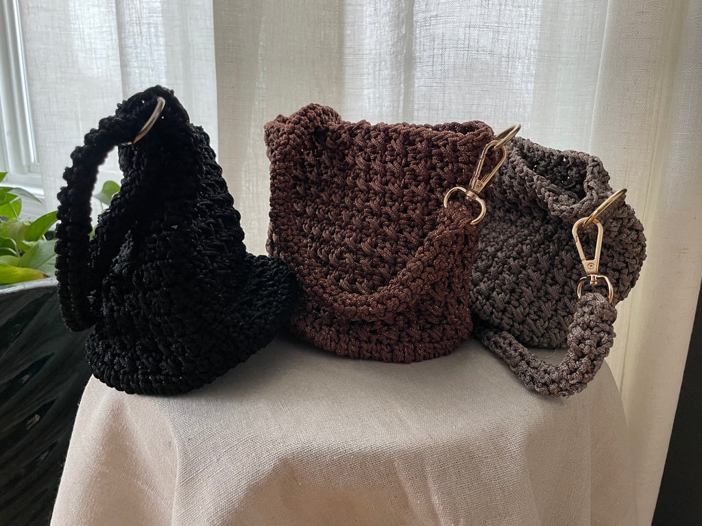 Hand-Crocheted Bucket Bag | Adjustable Strap | Gold or Silver Hardware