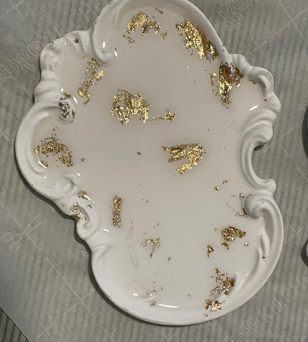 White with gold inlay gypsum trinket tray Organizer Ring Holder Elegant Gift for Her