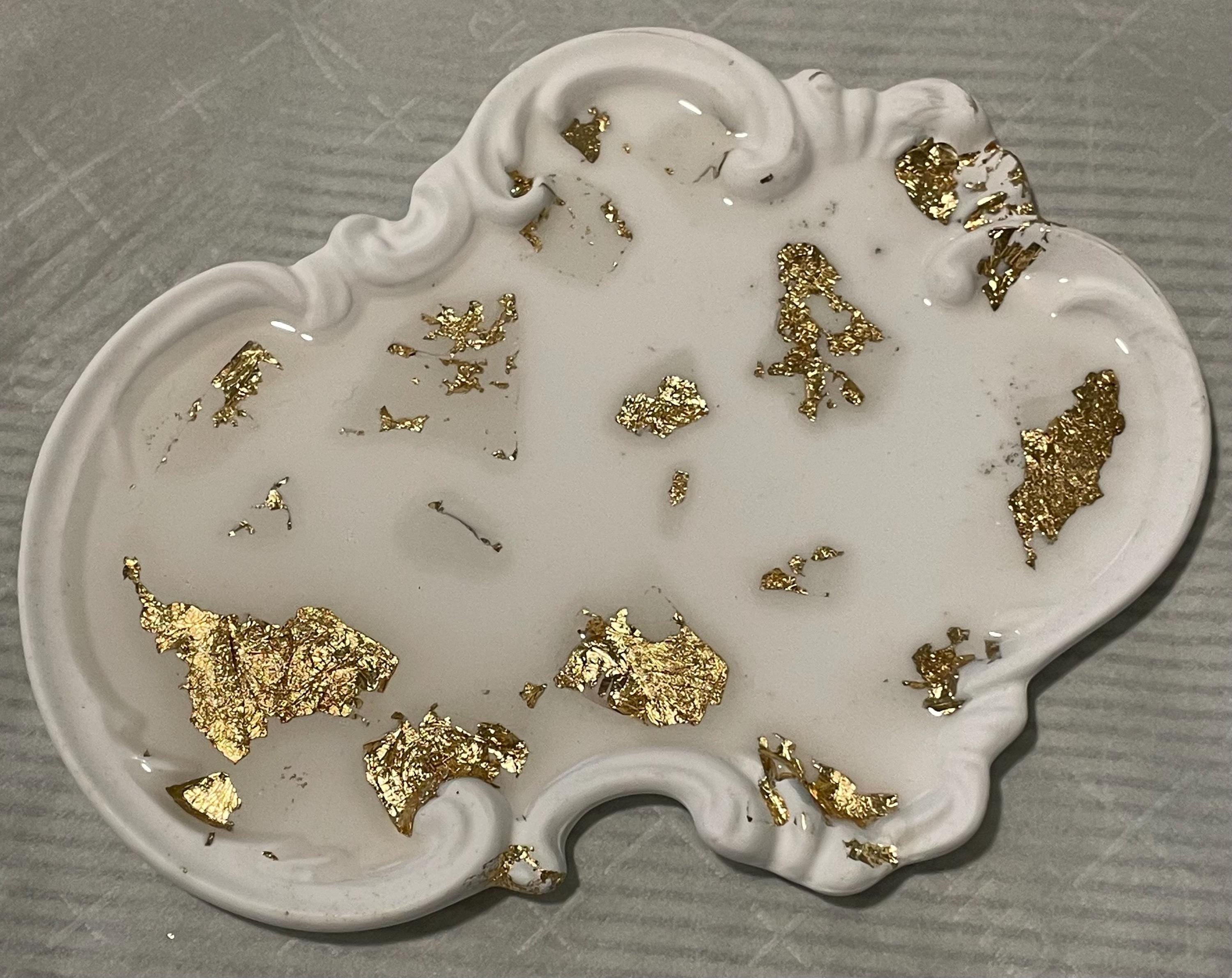 White with gold inlay gypsum trinket tray Organizer Ring Holder Elegant Gift for Her