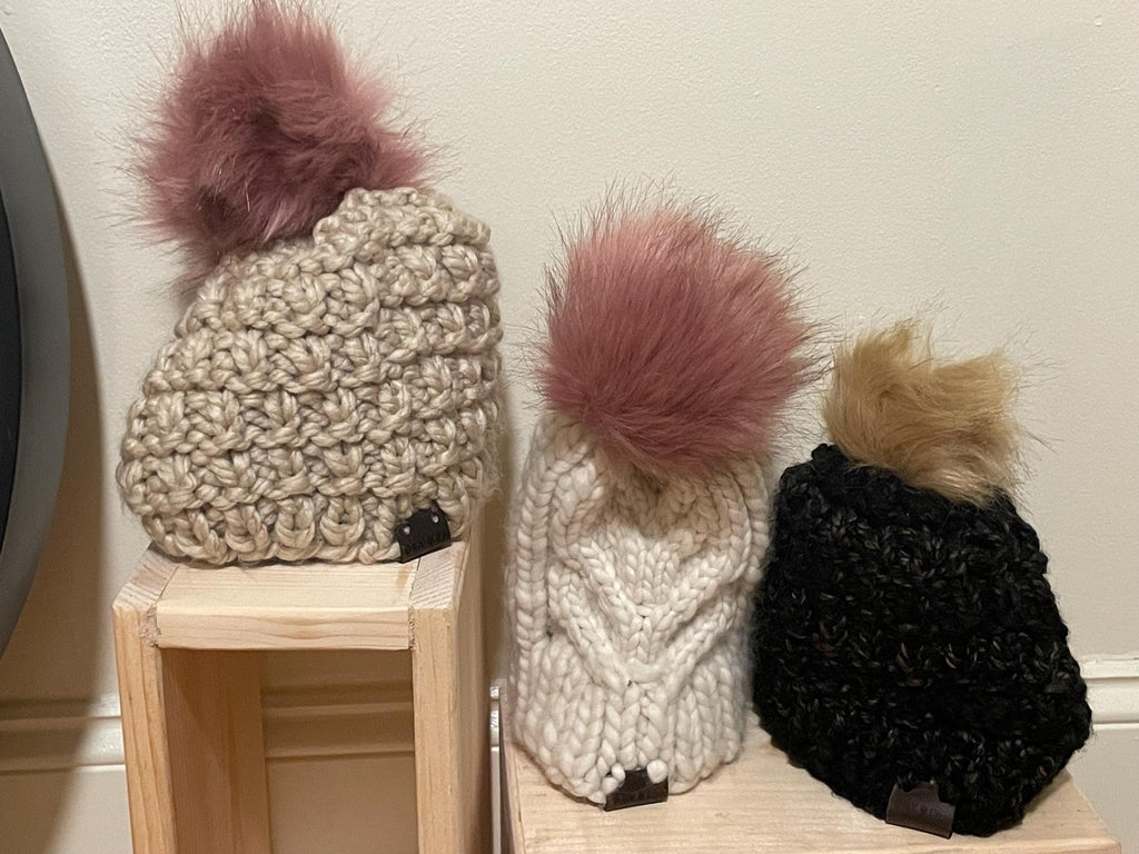 Knit Pom Pom hat small adult, child Striped Beanie for Women & Girls