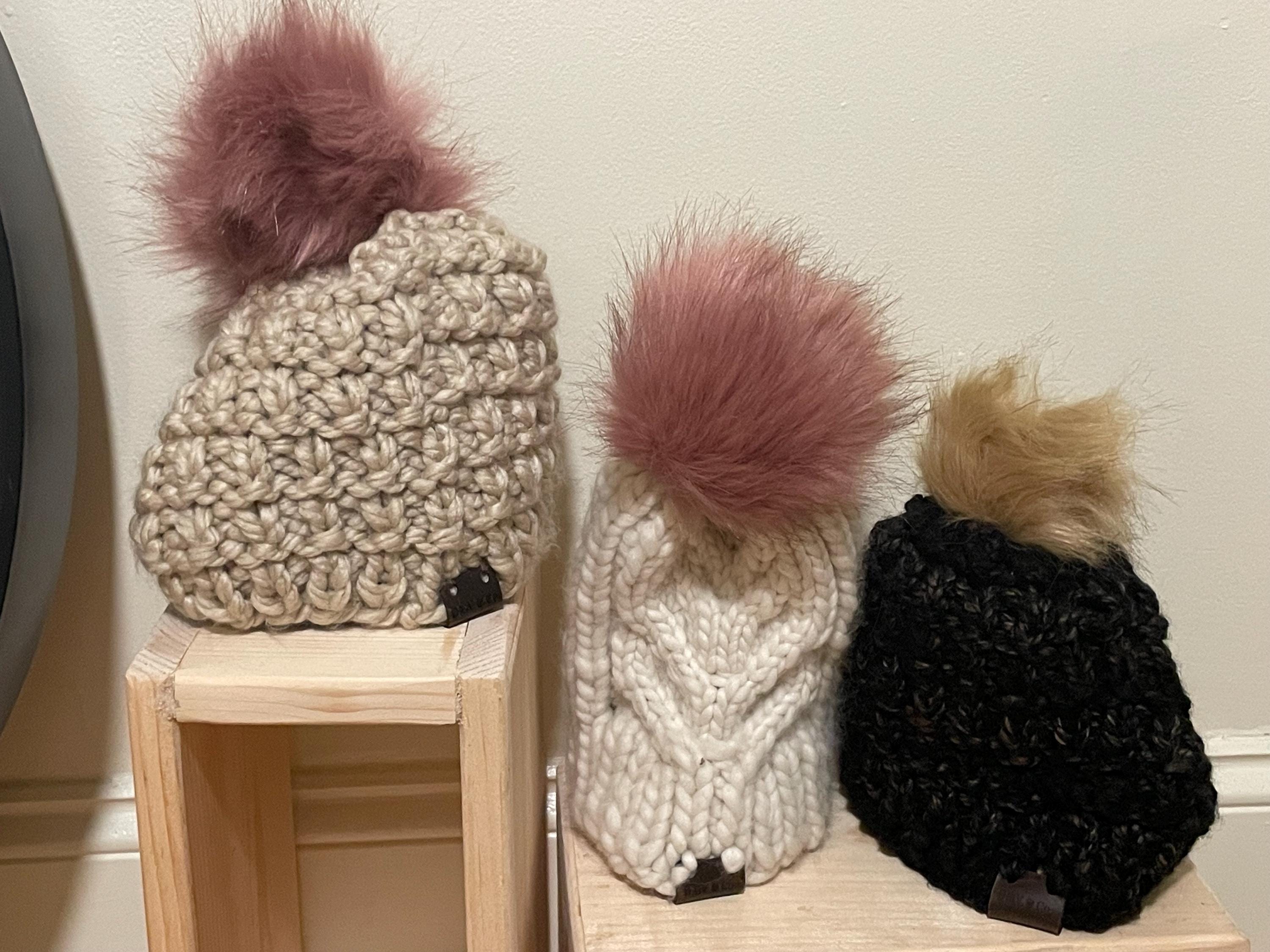 Knit Pom Pom hat small adult, child Striped Beanie for Women & Girls