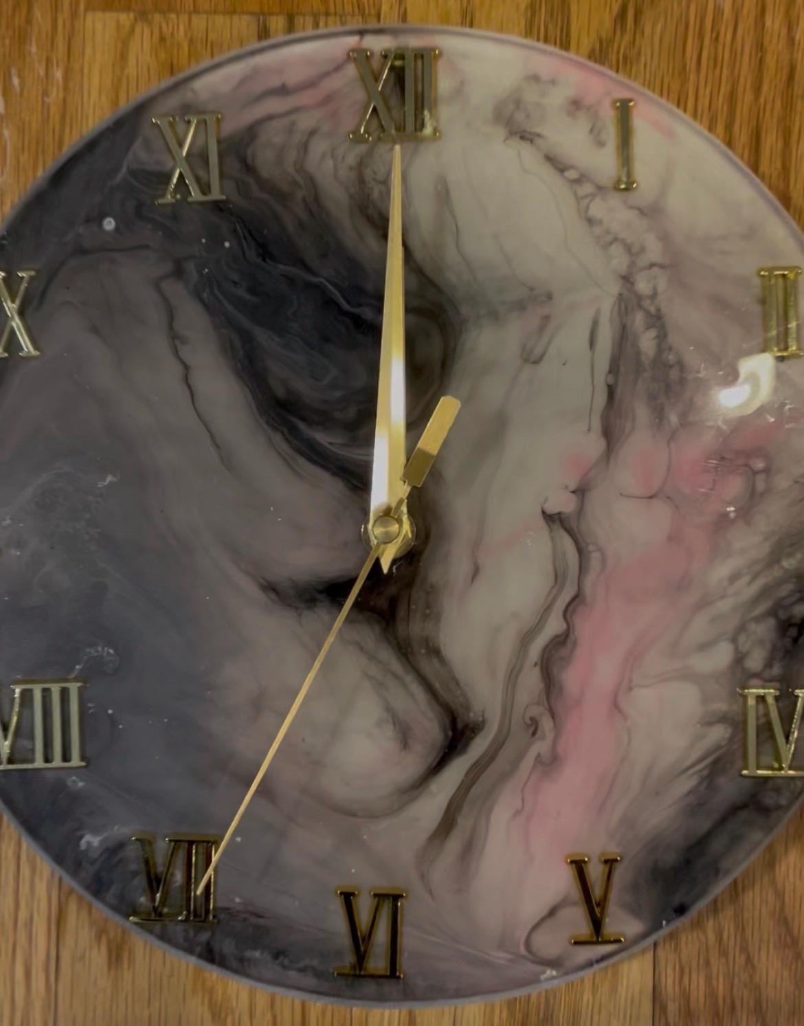 Handcrafted clock, 10”, pink, white & black resin, AA battery Silent Quartz Movement