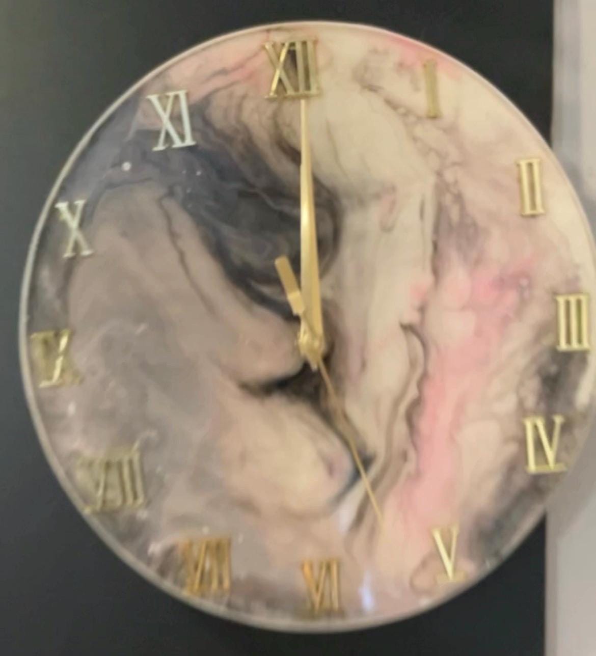 Handcrafted clock, 10”, pink, white & black resin, AA battery Silent Quartz Movement