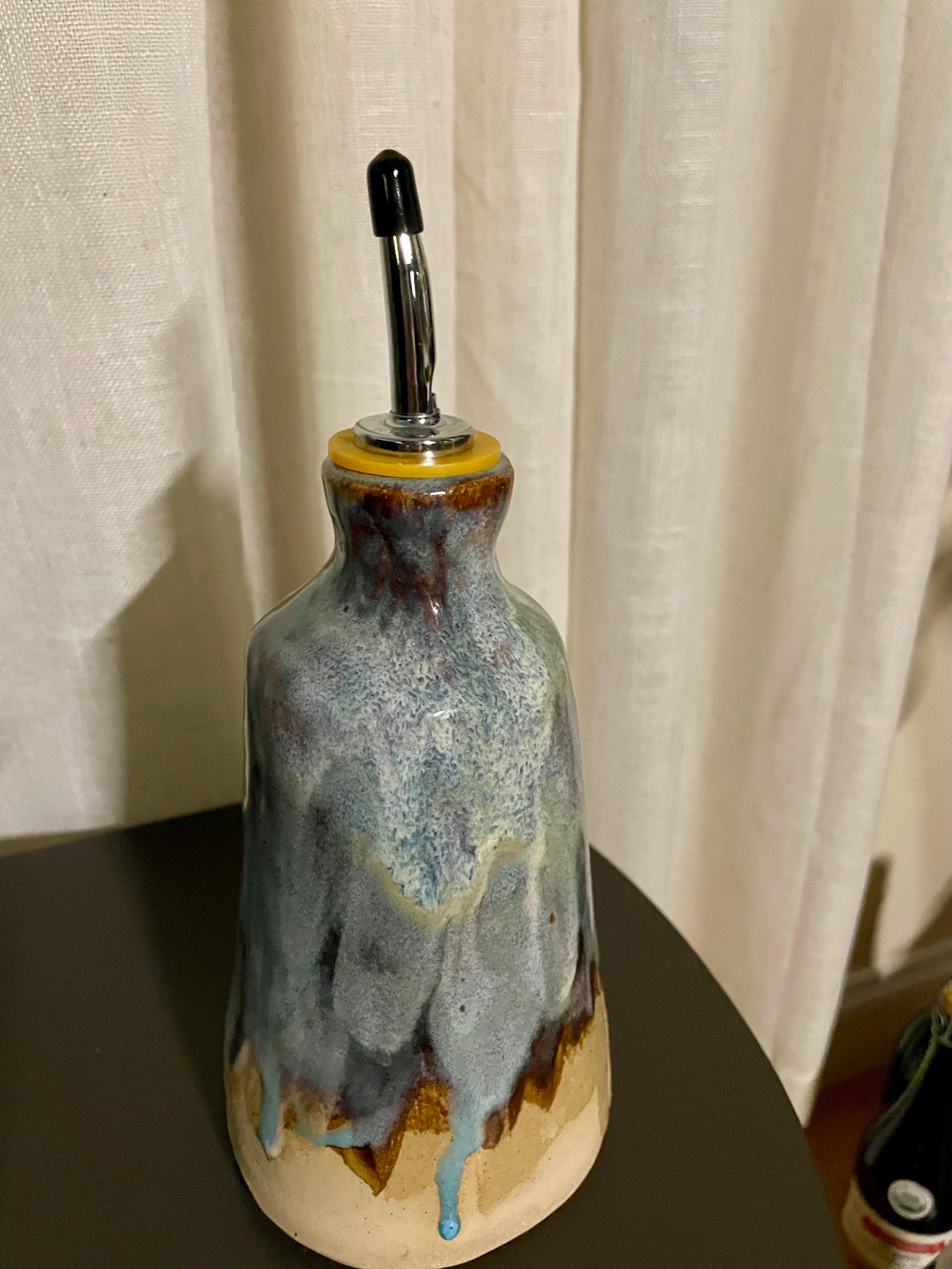 Handmade Ceramic Oil Dispenser: Drip-Free Olive Oil Bottle with Wood Stopper