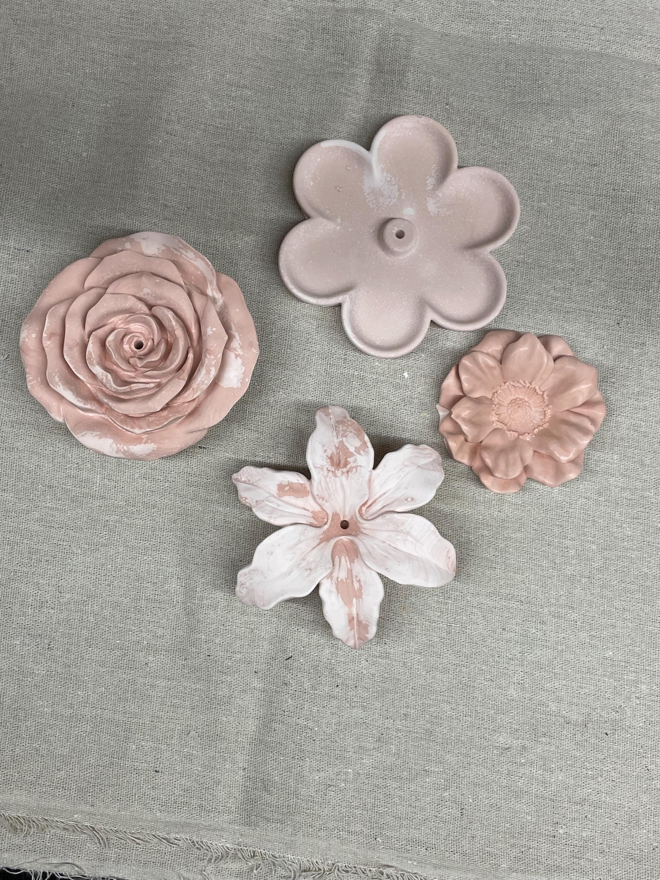 Handmade Pink Floral Incense Holder, Gypsum Ceramic Boho Altar Decor, Meditation Catcher ,Zen Gift