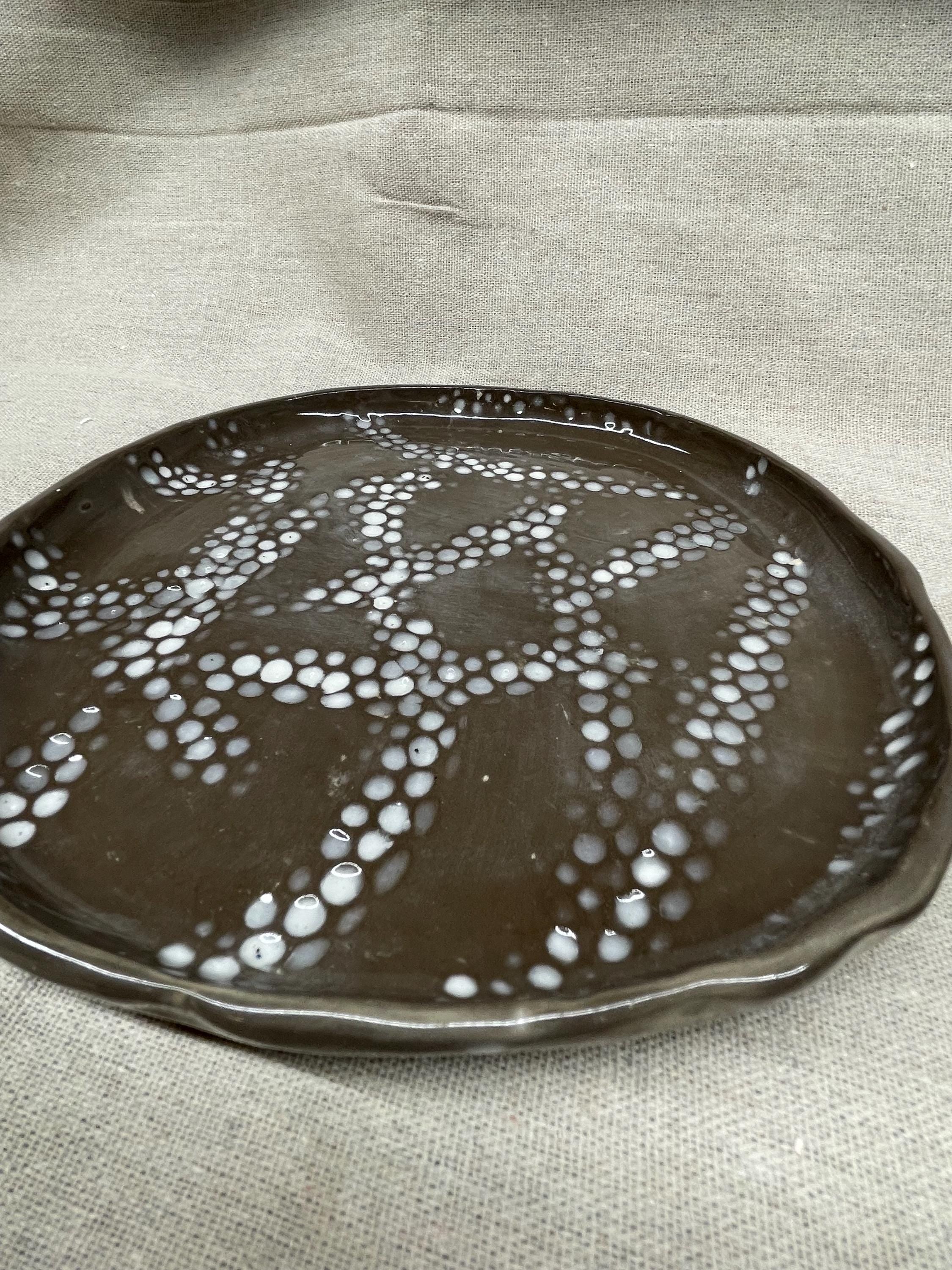 Handmade Slab-Built Ceramic Dish with Textured Bubble Detail Minimalist Catchall Bow Coaster Jewelry Tray