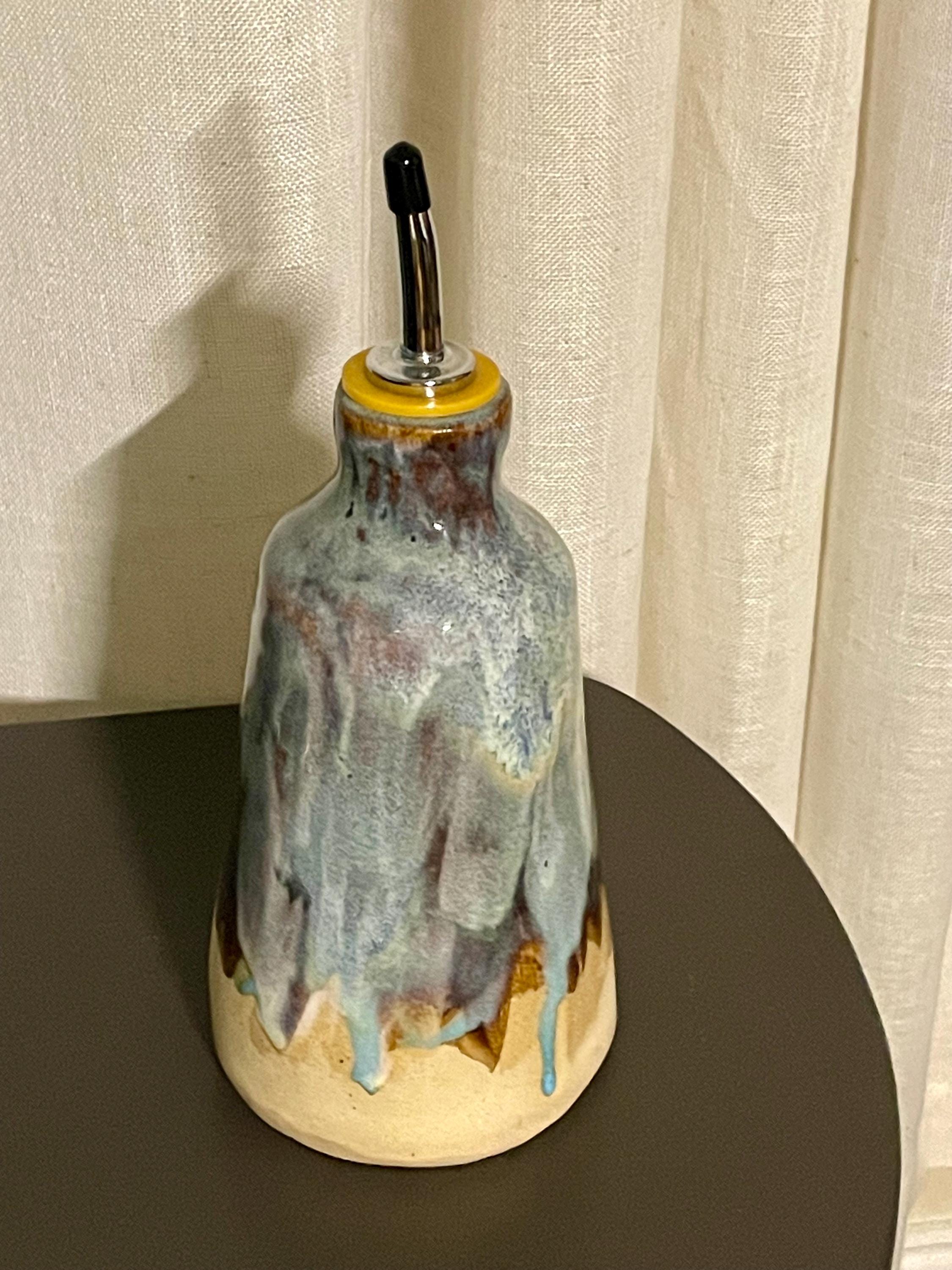 Handmade Ceramic Oil Dispenser: Drip-Free Olive Oil Bottle with Wood Stopper
