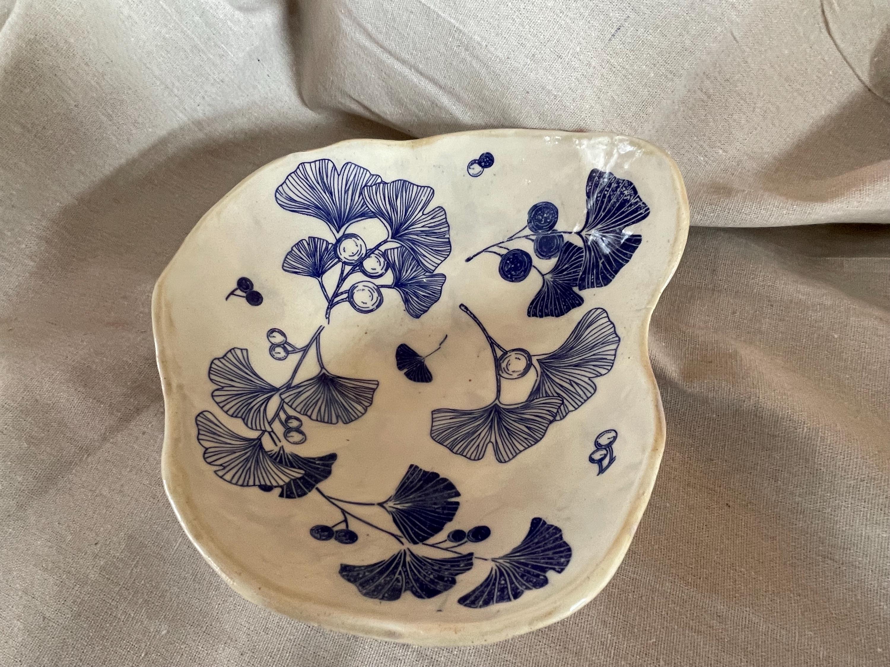 Ceramic 10” Handmade Blue & White Ginkgo Botanical Ceramic Slab Bowl – Organic Artisan Serving Dish