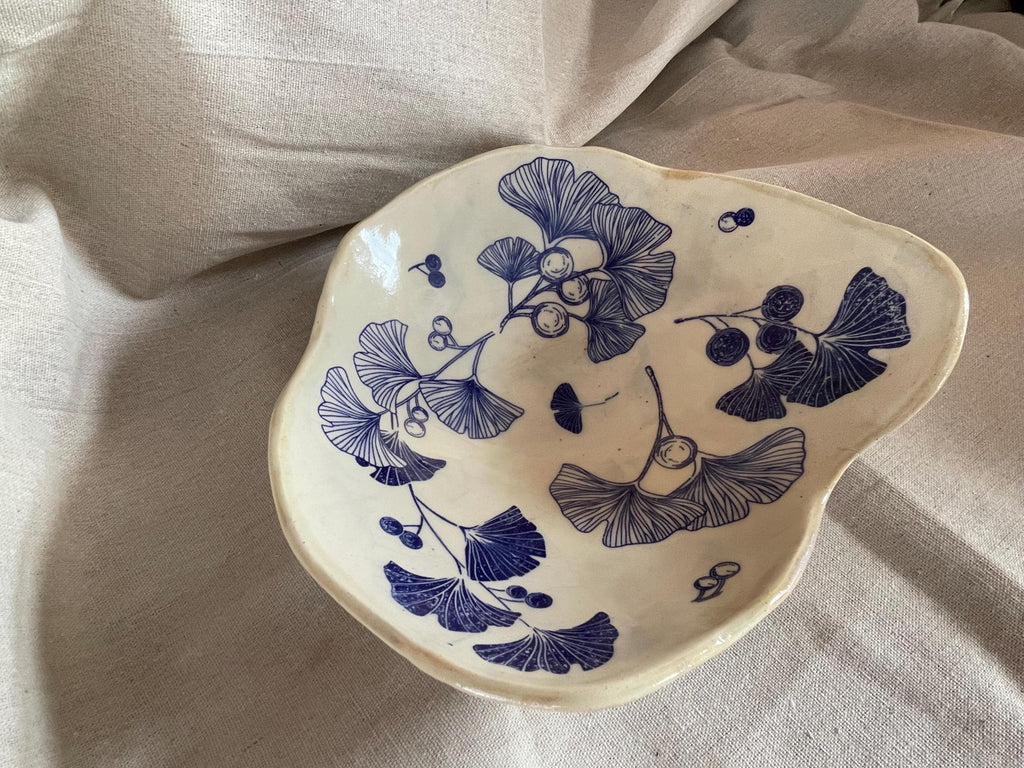 Ceramic 10” Handmade Blue & White Ginkgo Botanical Ceramic Slab Bowl – Organic Artisan Serving Dish