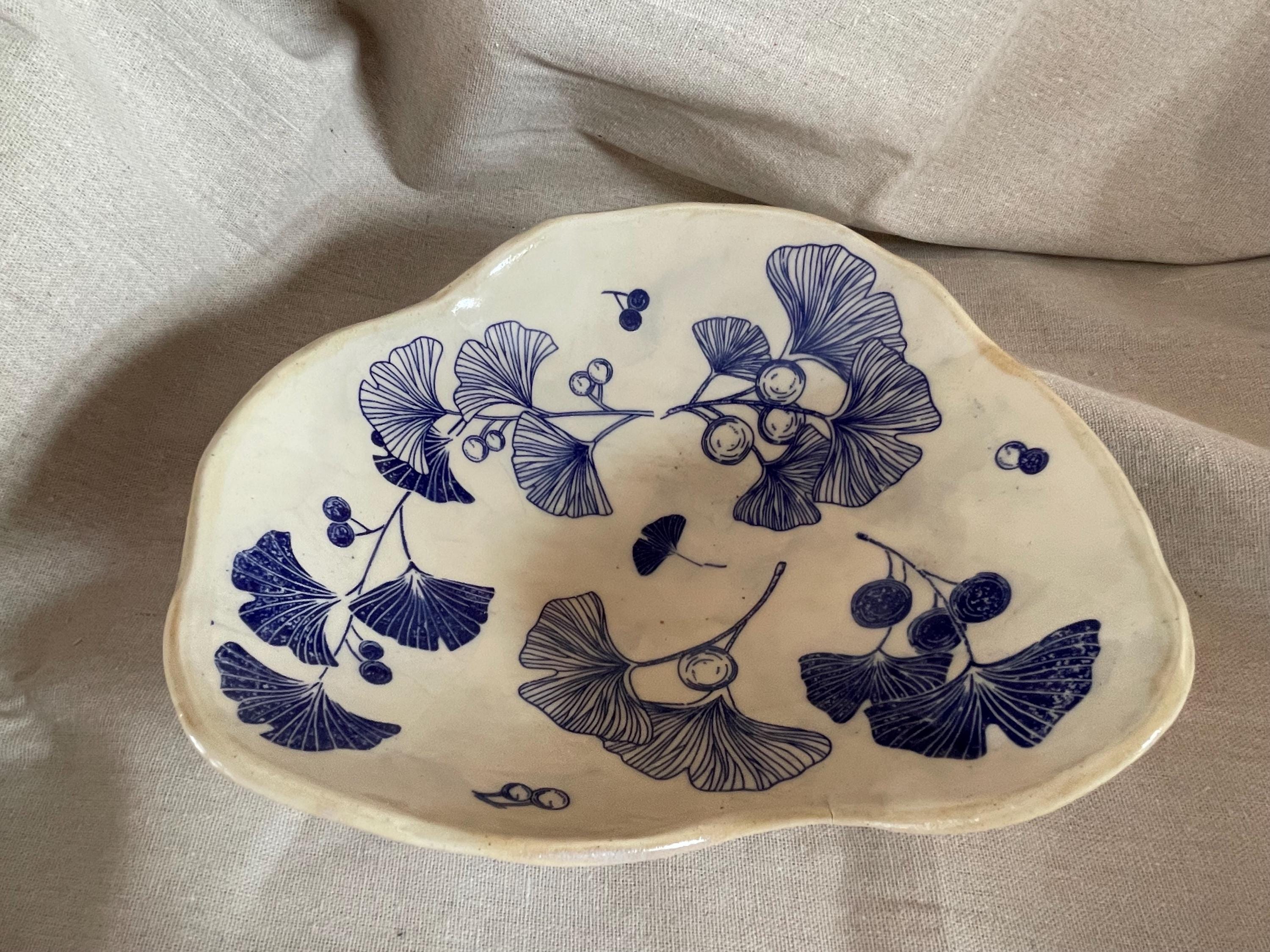 Ceramic 10” Handmade Blue & White Ginkgo Botanical Ceramic Slab Bowl – Organic Artisan Serving Dish