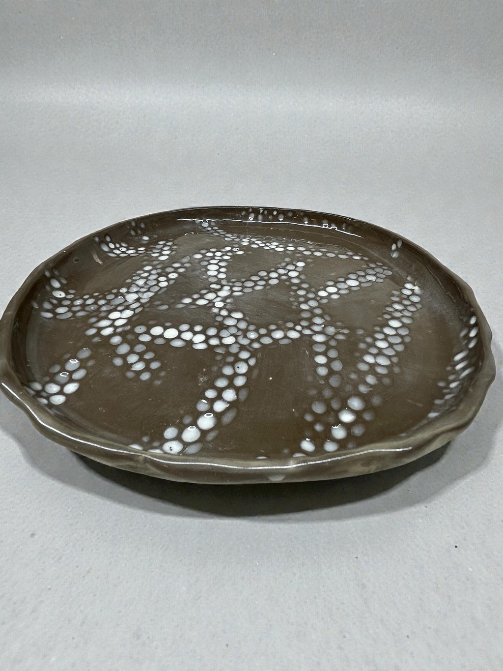 Handmade Slab-Built Ceramic Dish with Textured Bubble Detail Minimalist Catchall Bow Coaster Jewelry Tray