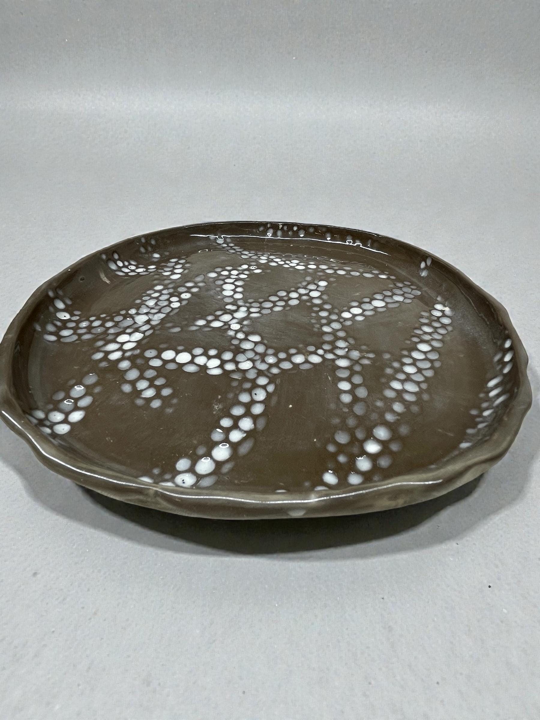 Handmade Slab-Built Ceramic Dish with Textured Bubble Detail Minimalist Catchall Bow Coaster Jewelry Tray