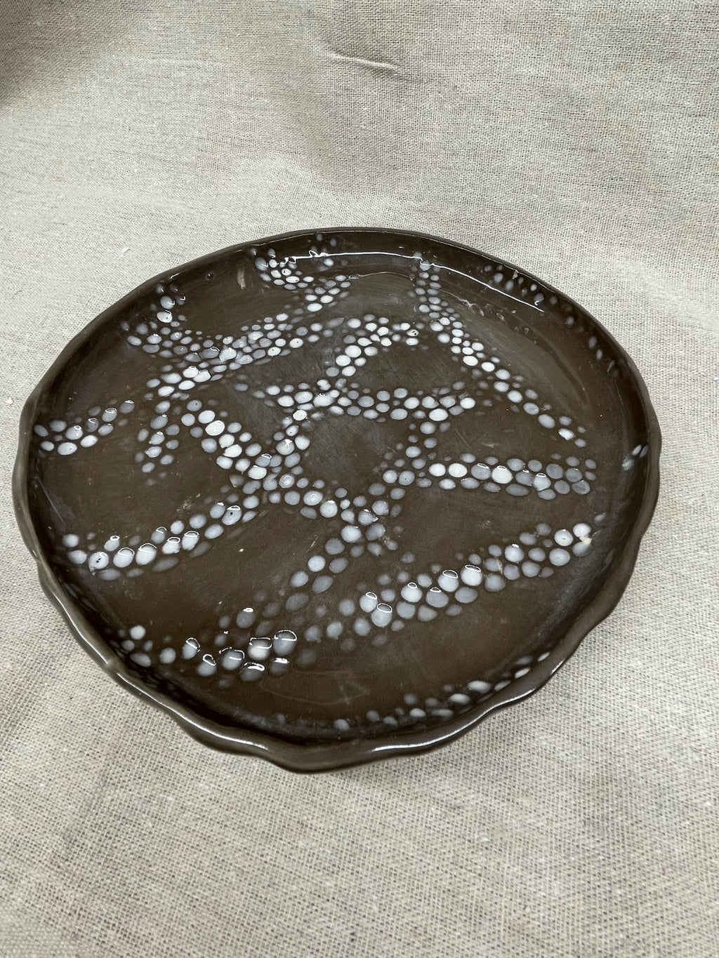 Handmade Slab-Built Ceramic Dish with Textured Bubble Detail Minimalist Catchall Bow Coaster Jewelry Tray